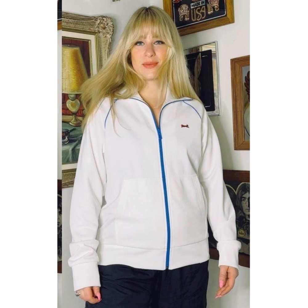 Vintage Men’s Le Tigre Cotton Track Jacket in White and Blue - Zip Up - Medium